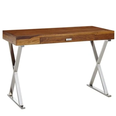 Image de WOHNLING Bureau 120x55x78 cm Bois de sesham Massif/métal chromé Table Design avec tiroirs d&#039;ordinateur Portable pour à Domicile Espace Rangement