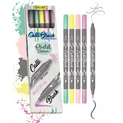 Image de Online Parure Calli.Brush Pastel, set de 5 stylos feutre calligraphie avec deux côtés (côté 2mm et côté pinceau flexible) pour handlettering/bullet journaling/écriture créative