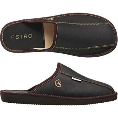 Image de ESTRO Chaussons Hommes Pantoufle Chausson Homme Cuir Laine Mules Pantoufles Semelle Inoubliable Frost (Cacao, 43)