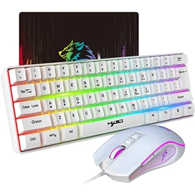 Image de HXSJ V700 Ensemble Clavier et Souris de Jeu,Clavier Jeu 60%,Disposition Compacte 61 Touches,Rétroéclairage RVB,Souris à Capteur Optique avec Lumière LED Colorée,Jusqu&#039;à 3600 DPI,pour PC,Mac Blanc