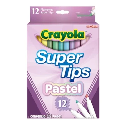 Image de CRAYOLA Super Tips, Feutres lavables à Pointe Moyenne, Set de 12 pièces, pour l&#039;école et Les Loisirs créatifs, Exercices lettrages, écriture Manuscrite, Calligraphie, Couleurs Pastel