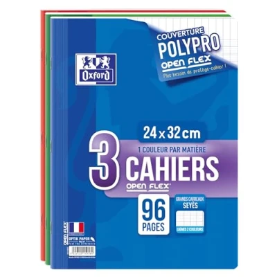 Image de OXFORD Lot de 3 Cahiers 24x32 Grands Carreaux Seyès 96 Pages Couverture Polypro OpenFlex 90g Couleurs Assorties