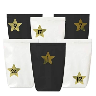Image de Calendrier de l&#039;Avent à remplir 24 Sacs en Papier Noir et Blanc Ainsi Que Autocollants Chiffres (étoiles dorées) Faire soi même Mini Set 54 Noël 2021