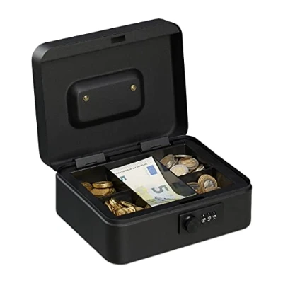 Image de relaxdays Caisse à Monnaie, avec Combinaison 3 Chiffres, Rangement d’Argent en Fer, H x L P 8,5 20 17 cm, Noir