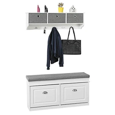 Image de SoBuy Set de Banc Rangement avec Coussin Rembourré, 2 abattants + Meuble d&#039;Entrée Portemanteau Mural 3 Tiroirs, FSR64 W FRG282