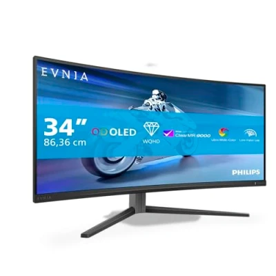 Image de Philips Evnia 34M2C6500AM Moniteur incurvé WQHD OLED 34 Pouces, 175 Hz, 0,03 ms, FreeSync Premium Pro, comp. G Sync, HDR400 (3440x1440, 2X HDMI, DisplayPort, Hub USB) Gris foncé