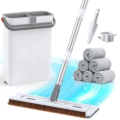 Image de Euqvunn serpillère et Seau essoreur, Balai à Usage pour Le Nettoyage Sol avec 6 tampons en Microfibre, de Lavage d&#039; grattoir, Support 40 x 12 135 cm