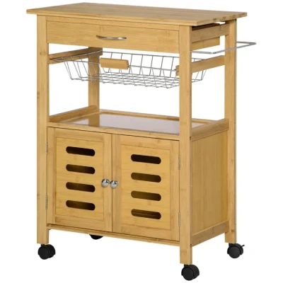 Image de HOMCOM Desserte Cuisine sur roulettes Chariot de Service Meuble Rangement avec Un tiroir, Panier Coulissant, Porte torchon et Armoire en Bambou