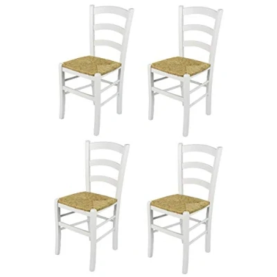 Image de t m c s Tommychairs Set 4 chaises Venezia pour Cuisine, Bar et Salle à Manger, Robuste Structure en Bois de hêtre laqué Couleur Blanc Assise Paille