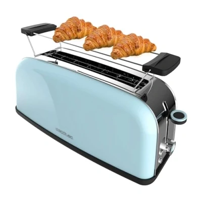 Image de Cecotec Grille pain Vertical 1 Fente Longue Toastin&#039; time 850 Blue Long. W, 2 Tranches de Pain, Large 3,8 cm, Support pour Pains et Tiroir Ramasse miettes, Acier Inoxydable, Bleu
