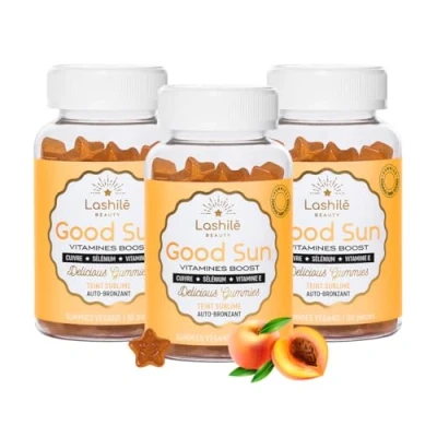 Image de Lashilé Beauty Good Sun Autobronzant et Préparateur Solaire Efficacité Prouvée Cure 3 mois 180 Gummies Vitamine E, Lycopene, Lutéine, Cuivre, Bêta carotène, Sélénium, A
