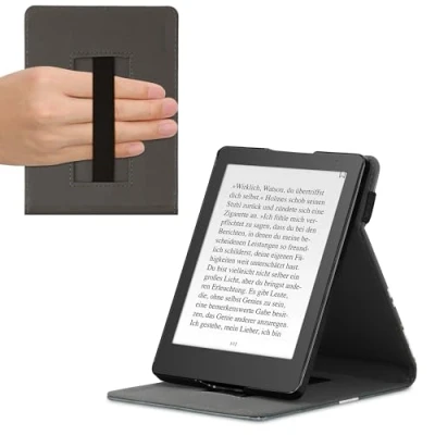 Image de kwmobile Étui Compatible avec Kobo Aura Edition 2 Coque à Rabat magnétique Tablette eReader Similicuir Sangle Taupe Blanc Gris foncé