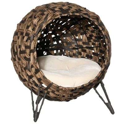 Image de PawHut Panier Chat lit surélevé Cosy Niche Grotte à Chats Grand Confort dim. Ø 52 x 58H cm Coussin Moelleux Beige Inclus résine tressée Imitation rotin Marron