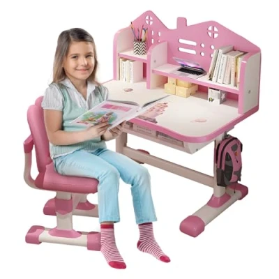 Image de joukares Ensemble bureau et chaise fonctionnels pour enfants, d&#039;étude réglable en hauteur avec tiroir de rangement, d&#039;écriture chambre à coucher, rose