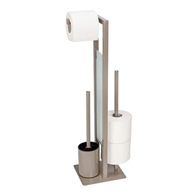 Image de WENKO Combiné WC Rivalta 3 en 1 Brosse et Dérouleur Papier Toilette Stockage Tête de remplaçable Acier INOX Taupe Verre trempé 18x70x23 cm