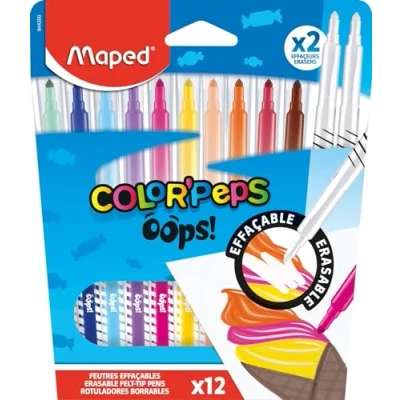 Image de Maped Feutre de coloriage feutres effacables OOPS à pointe moyenne Couleurs lumineuses Etui carton 12 dont 2 effaceurs