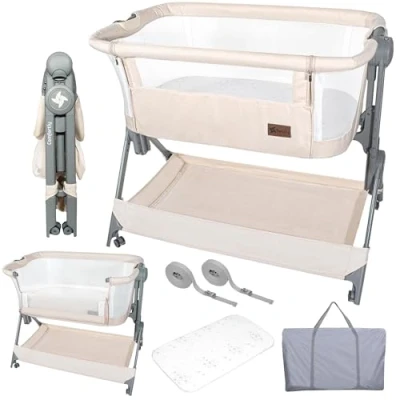 Image de Twinly Lit Cododo Bébé Berceau Pliable et Réglable COMFORTLY 2 en 1, 0 6 Mois, 5 Hauteurs, Matelas Confort, Côtés Filet, 4 Roues, Sac de Voyage, Facile à Transporter (Beige)