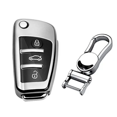 Image de M.JVisun Doux TPU Clef Coque Porte clés pour Audi A1 A3 A4 A6 A8 Quattro Q2 Q3 Q7 R8 RS3 RS6 S3 S6 TT TTS Pliant Clé de Voiture Brillant Argent Métal