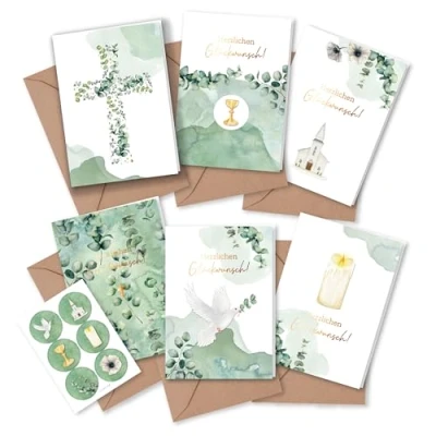 Image de Papierdrachen lot de 6 cartes vœux pour fêtes chrétiennes comme baptême, communion, confirmation, motif d&#039;eucalyptus, pliables, avec enveloppe et autocollants assortis, format A6, 1