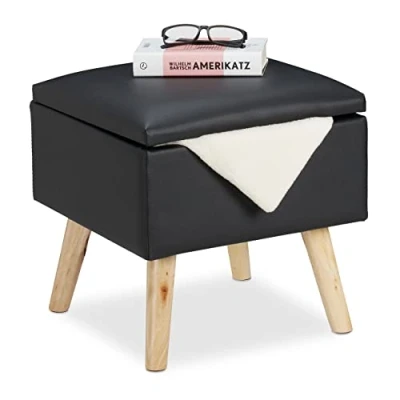 Image de Relaxdays Tabouret et Espace de Rangement, Cuir synthétique, HlP: 40x40x40 cm, Couvercle, dé siège rembourré, Noir.