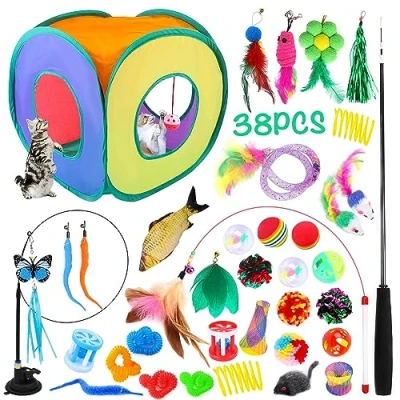 Image de JOTOL 38pcs Jouet pour Chat,Jouets Chats Interactif avec Tunnel,Plume,Poisson,Souris,Balle Jeux Chaton,Kit de Jouets Interactifs