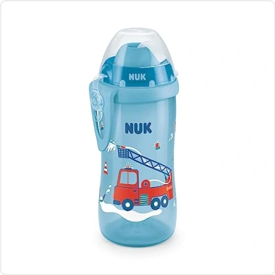 Image de Nuk First Choice+ Flexi Cup Bouteille d&#039;apprentissage à partir de 12 mois étanche avec paille clip et capuchon protection sans BPA 300 ml camion pompier (bleu)