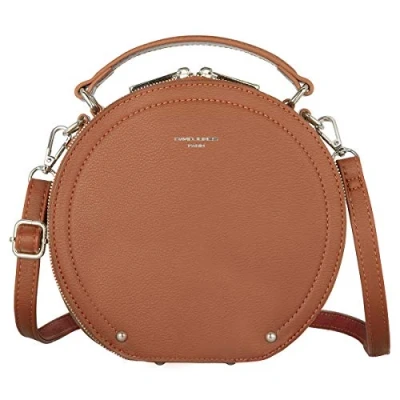 Image de David Jones Sac à Main Bandoulière Rond Femme Porté Epaule Cuir PU Rigide Besace avec Poignée Pochette Croisé Travers Ville Mode Tendance Elégant Mignon Décontracté Marron Camel