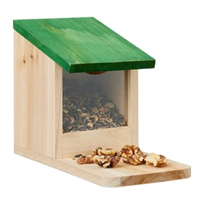 Image de Relaxdays Mangeoire pour écureuils, en Bois, Toit ouvrant, H x L P : 17,5 12 25 cm, Nature et Vert