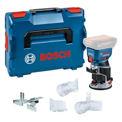 Image de Bosch Professional 18V System Défonceuse portative GKF 8 (butée longitudinale, 2x adaptateurs d’aspiration pour surfaçage, écran de protection, pince mm, clé, L BOXX, sans batterie/chargeur)