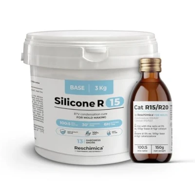 Image de caoutchouc de silicone R15 pour moule souples (13 ShoreA), bi composant, durcissement rapide (6h), coulée blanc semi brillant la reproduction modèles et bijoux (3 kg)