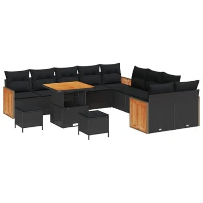 Image de Ensemble de canapé jardin vidaXL 13 pièces avec coussins noir poly rotin acacia 3363359