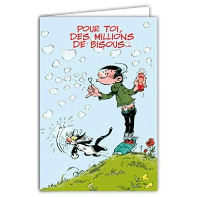 Image de Gaston Lagaffe GLCT 0104 Carte d&#039;anniversaire avec Motif Bisous Cœurs Chat Fleurs