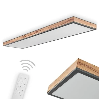 Image de Plafonnier LED Salmi en bois et métal noir, panneau lumineux plat à intensité teinte de couleur contrôlables par la télécommande incluse, 36 Watt, 255 2250 Lumen, 2700 6000 Kelvin
