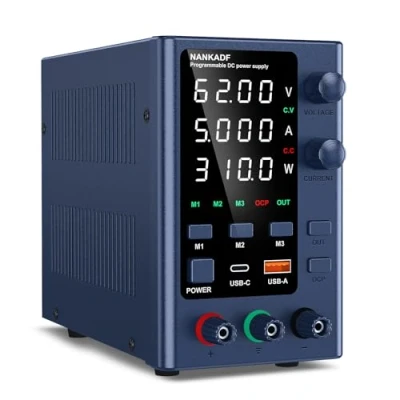 Image de NANKADF Alimentation DC 0 62V 5A, de Laboratoire Variable avec Stockage mémoire, Table réglage par encodeur et Interface Charge Rapide USB A/Type C