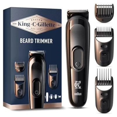 Image de King C Gillette Tondeuse à Barbe, Sans Fil, Comprenant 3 Sabots Interchangeables, pour Tous Les Types de Barbes, Parfait Cadeau Homme