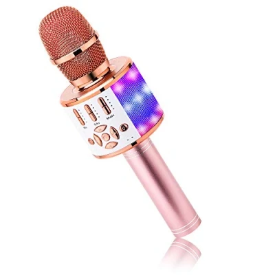 Image de BONAOK Microphone Bluetooth sans Fil, Micro Enfants avec Lumières LED, Mini Machine Karaoké pour Fête/Maison/Anniversaire, Compatible iOS Android (Rose)