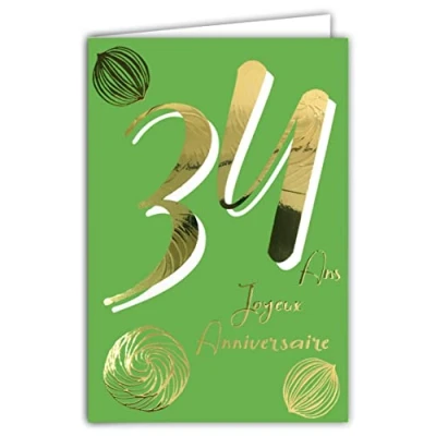 Image de Carte Anniversaire 34 ans en Or Doré Brillant texturé pour Homme Texte Coloré Adapté à l’Âge l’Intérieur Enveloppe incluse ColorAges, Vert et Afie 69 2434