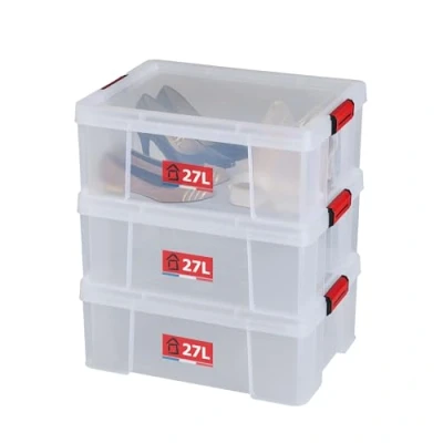 Image de SUNDIS Clip’N Store, lot de 3 boîtes rangement 27L en plastique transparent, renforcées avec couvercle clipsable, aptes au contact alimentaire, parois droites, superposables et combinables