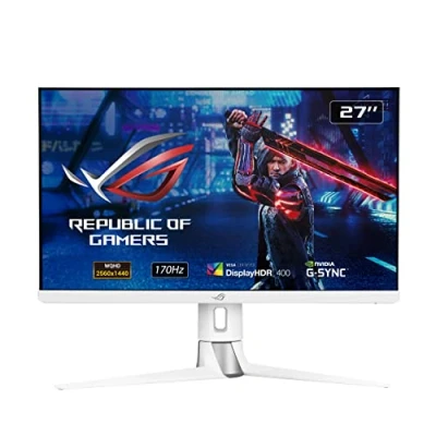 Image de ASUS ROG XG27AQ W Ecran PC Gaming Blanc 27&quot; WQHD Dalle Fast IPS 170Hz 1ms 2560x1440 400cd/m² Display Port, 2X HDMI et USB Nvidia G Sync Haut parleurs HDR 400 ELMB Sync.