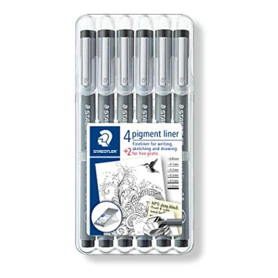 Image de Staedtler Pigment Liner, feutres de dessin à encre pigmentée noire infalsifiable, Étui chevalet avec 6 assortis 0.05/0.1/0.2/0.3/0.5/0.8 mm, 308 SB6P