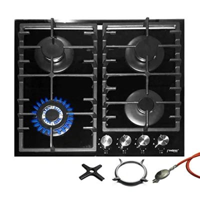 Image de Phönix PG 603t encastrable pour gaz plaque de verre Réchaud à 4 feux propane/naturel avec embout Wok en fonte