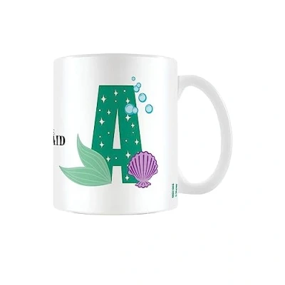 Image de The Little Mermaid Disney Tasse à café en céramique personnalisable avec inscription « A for Princess Ariel » 325 ml dans un coffret cadeau Marchandise officielle, blanc/vert