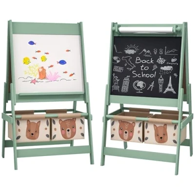 Image de AIYAPLAY tableau chevalet enfant ardoise double face blanc à craie rouleau papier 2 paniers 54 x 46,5 93 cm vert