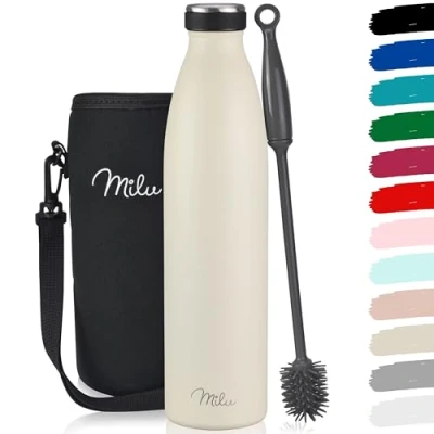 Image de Milu Gourde en acier inoxydable 350 ml 500 ml, 750 1000 1,5 l bouteille isotherme, d&#039;eau isolée, double paroi anti fuite, convient aux acides carboniques (Crème au beurre, 1L)