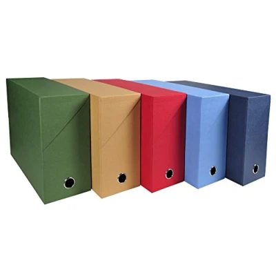 Image de Exacompta Réf. 89420E Lot de 5 Boîtes transfert en papier toilé Dos 120 mm Avec un œillet métal Pour format A4 Dimensions 25,5 x 34 12 cm Couleurs assorties Livrées montées