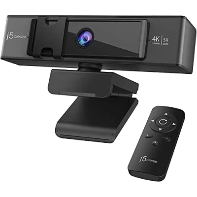 Image de j5create JVCU435 Webcam USB 4K UHD avec télécommande de zoom numérique 5x, résolution capture vidéo 3840 x 2160, Noir et Argent