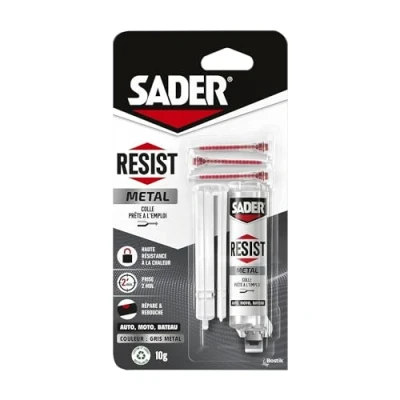 Image de Sader Resist Metal Colle Bi Composants Métal de Réparation Tous Métaux Auto, Moto, Bateau Intérieur/Extérieur Gris 1 Seringue 10 g (+ 3 embouts mélangeurs)