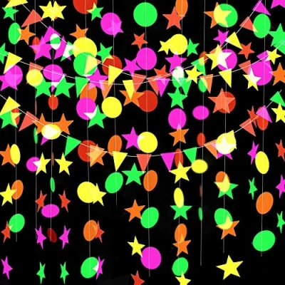 Image de GLOBALDREAM Guirlande de Papier Néon, 4,4 m à Pois Cercle Neon d&#039;Étoile Drapeaux Triangle Néon Décorations Suspendues pour Fête Mariage dAnniversaire