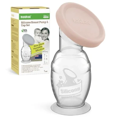 Image de haakaa Tire lait Manuel en Silicone avec Base Antidérapante et Couvercle Silicone, Fonctionnement Silencieux Sans Mains, Succion Naturelle, Étanche Facile à Nettoyer, 150ml, Rose Poudré