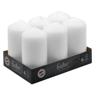 Image de Hofer Bougies Pilier 6 Pièces Blanc 30 Heures de Combustion x 12 cm Cire Non Parfumée, Sans Gouttes, Longue Durée, Qualité UE
